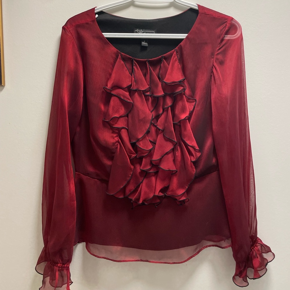 dressbarn red ruffled Victorian top